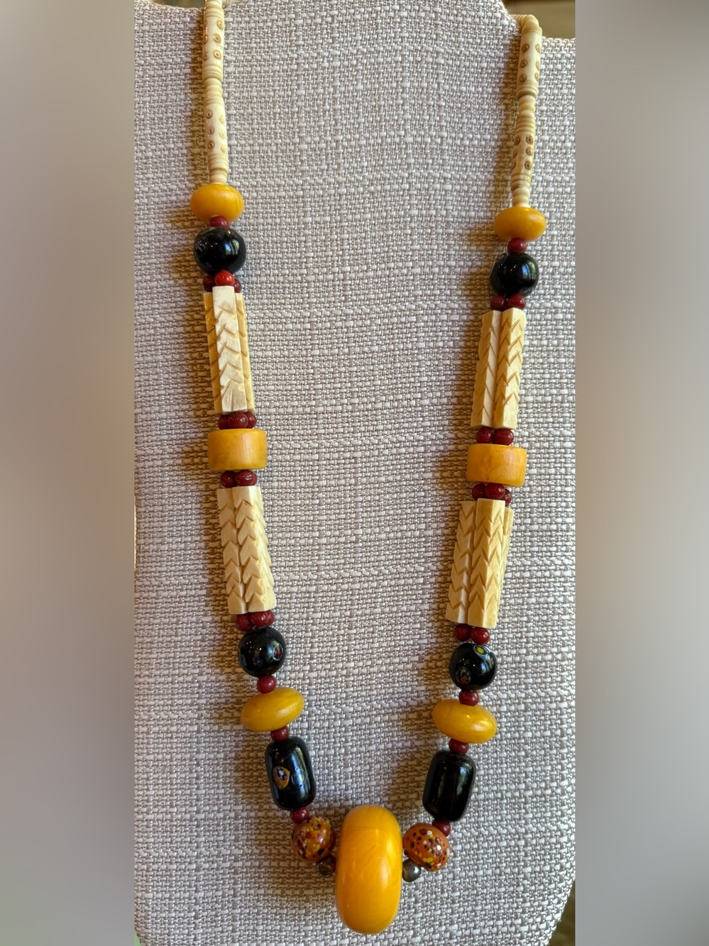 Vintage African Tribal necklace butterscotchCopal Resin millefiori glass bone